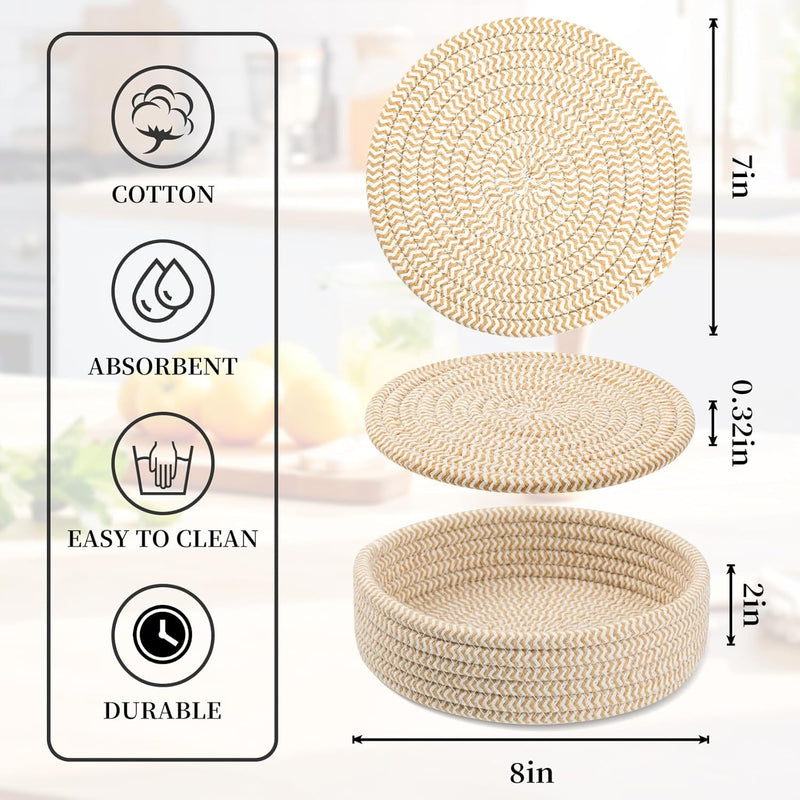 Trivets for Hot Dishes, Trivets for Hot Pots and Pans, Cotton Coasters 5 Pcs and Storage Basket 1 Pack, Pot Holders for Kitchen, Hot Pads for Table, Hot Mats Protect Countertops (Brown 5 Pcs)