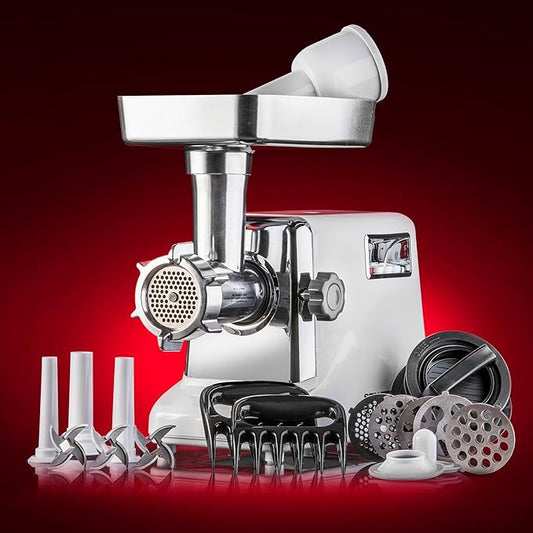 Turboforce 3000 Series 5-in-1 Electric Meat Grinder | 3000W Max | 3-Speed | Size #12 | 5 Grinding Plates | 3 Stainless Steel Blades | Sausage Stuffer | Kubbe Maker & More Included - PuriLite