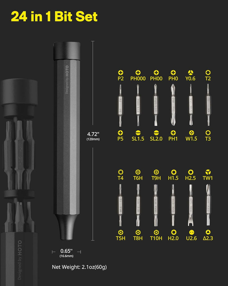 HOTO Precision Screwdriver Set, 24-in-1 Manual Screwdriver Set, Mini Hand Screwdriver Set with 12 Double End S2-Steel Bits, Ideal for Phone/Glasses/Watches/Laptop, Slate Grey