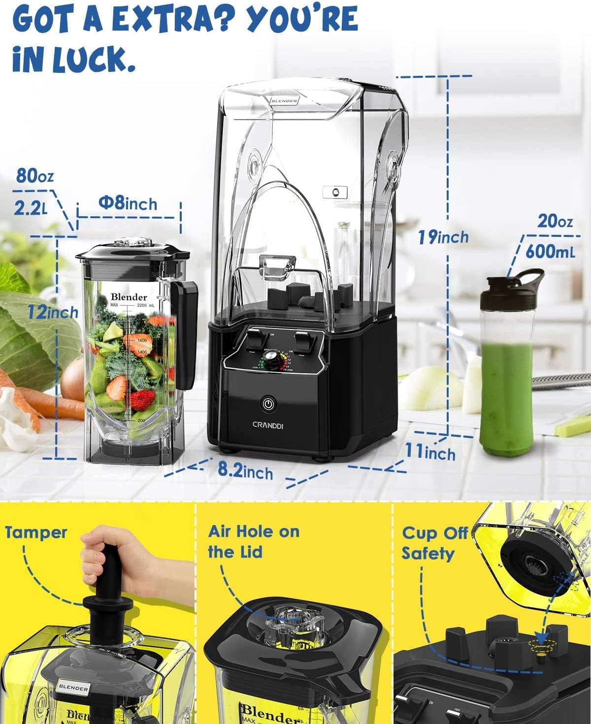 CRANDDI Commercial Quiet Blender, Soundproof Blenders, 2200 Watt Powerful Professional Kitchen Blender with BPA-Free 80oz Pitcher, Smoothie Blender for Commercial and Home K90 (Black)
