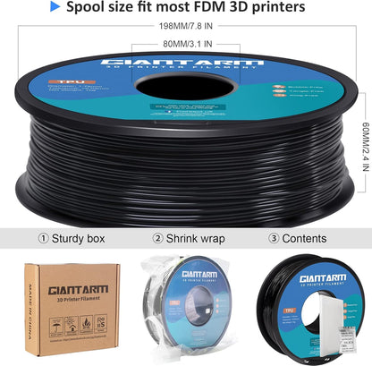 TPU 3D Printer Filament Black, Soft Flexible Filament 95A, Dimensional Accuracy +/-0.05mm, 1KG (2.2LBS), 1.75mm Fit for All 3D Printers, Vacuum Packaging
