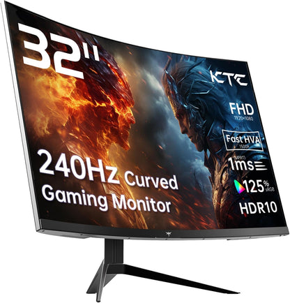 KTC 32-Inch Curved Gaming Monitor – 240Hz FHD 1080P – 1500R – 1ms – 125% sRGB – FreeSync & G-Sync – HDR10 – HDMI/DP/USB – VESA Mount - PuriLite