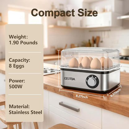 OSTBA 500W Electric Egg Cooker – 8 Egg Capacity – Auto Shut-Off & Buzzer – Stainless Steel Egg Steamer – Hard Boiled, Soft, Medium & Poached Eggs