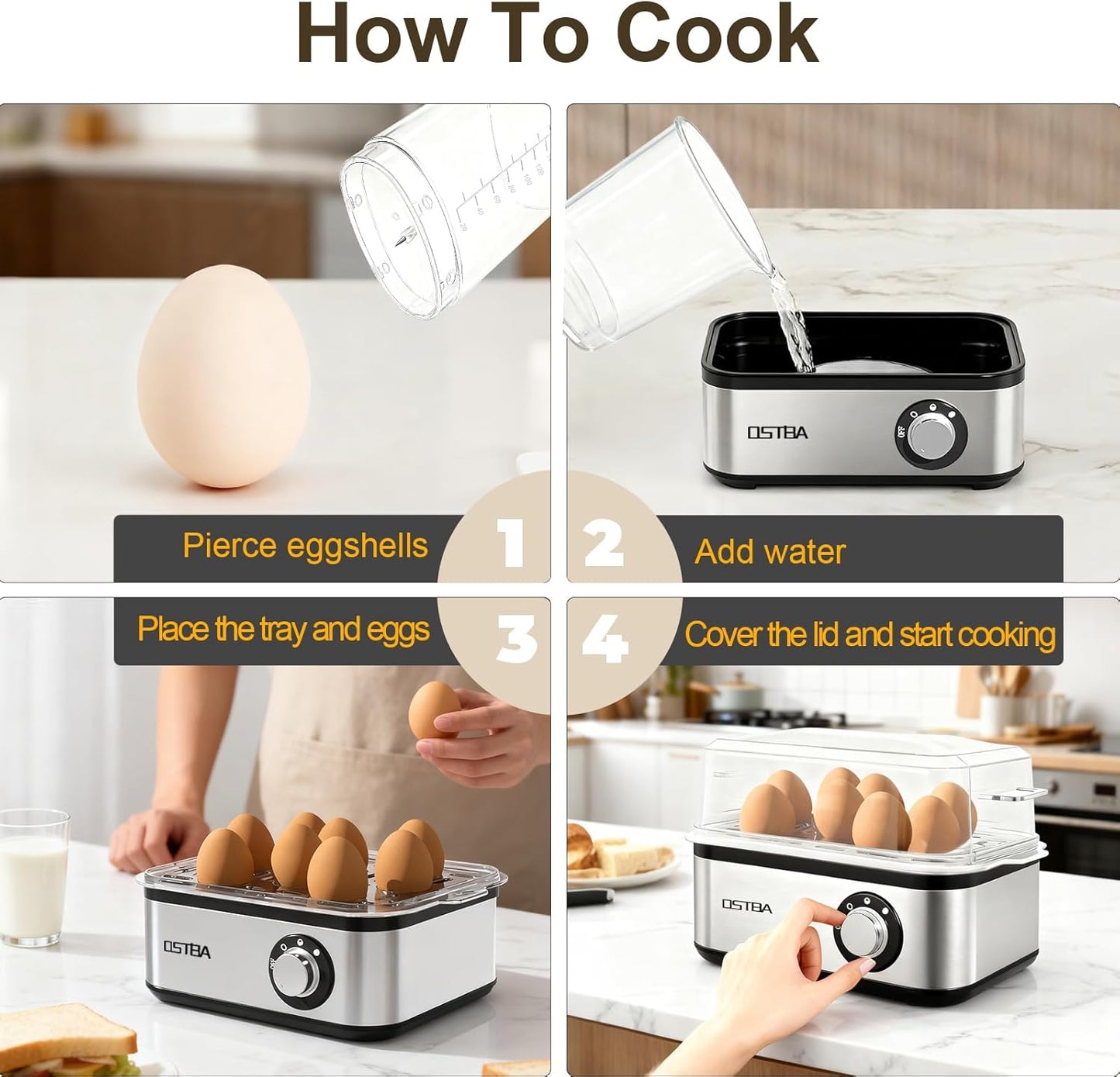 OSTBA 500W Electric Egg Cooker – 8 Egg Capacity – Auto Shut-Off & Buzzer – Stainless Steel Egg Steamer – Hard Boiled, Soft, Medium & Poached Eggs