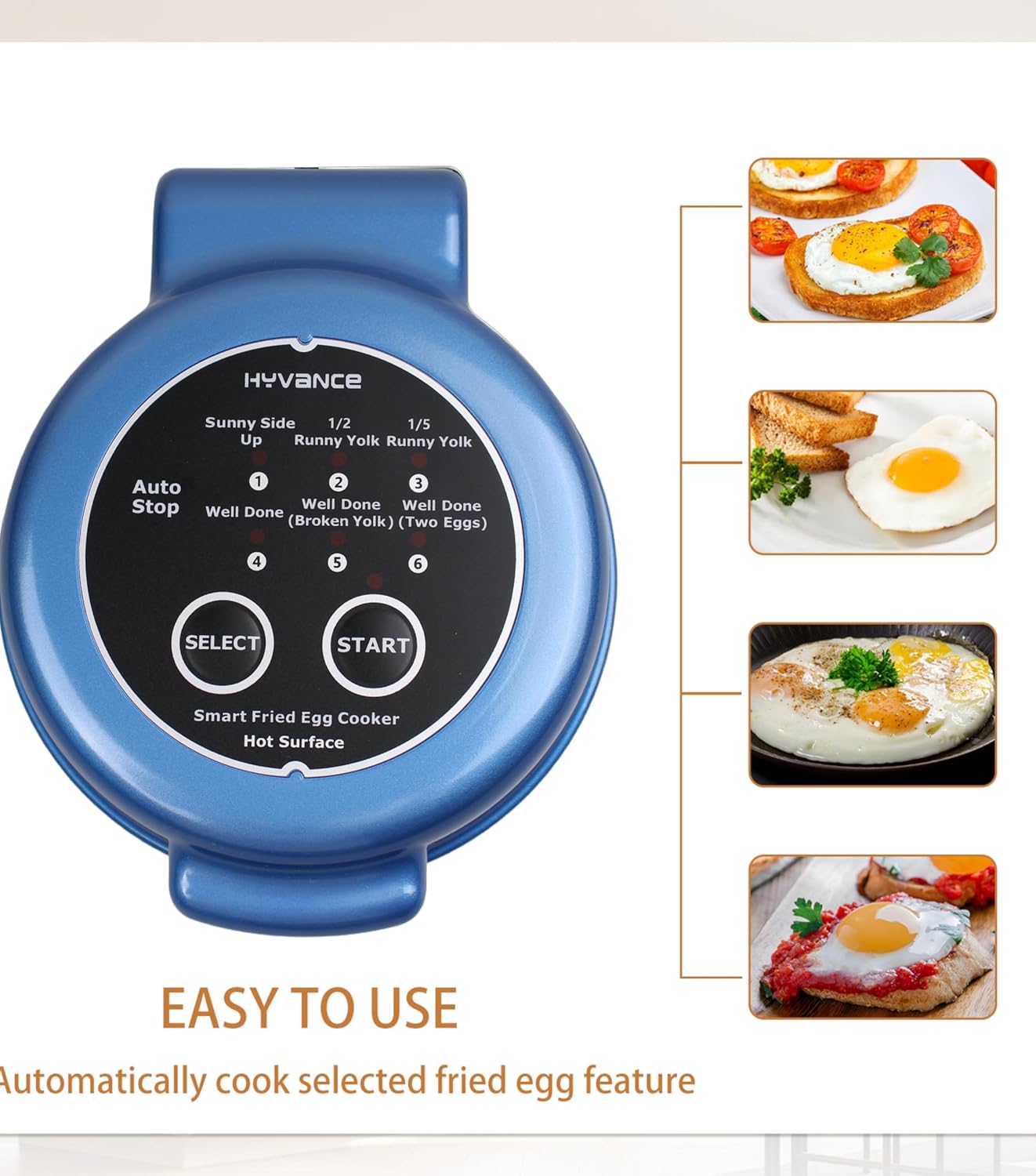 Smart Fried Egg Cooker – Automatic Fried Egg Maker – 6 Egg Modes Sunny Side Up to Fully Cooked – Non-Stick Round Egg Fryer with Auto Power Off & Alarm