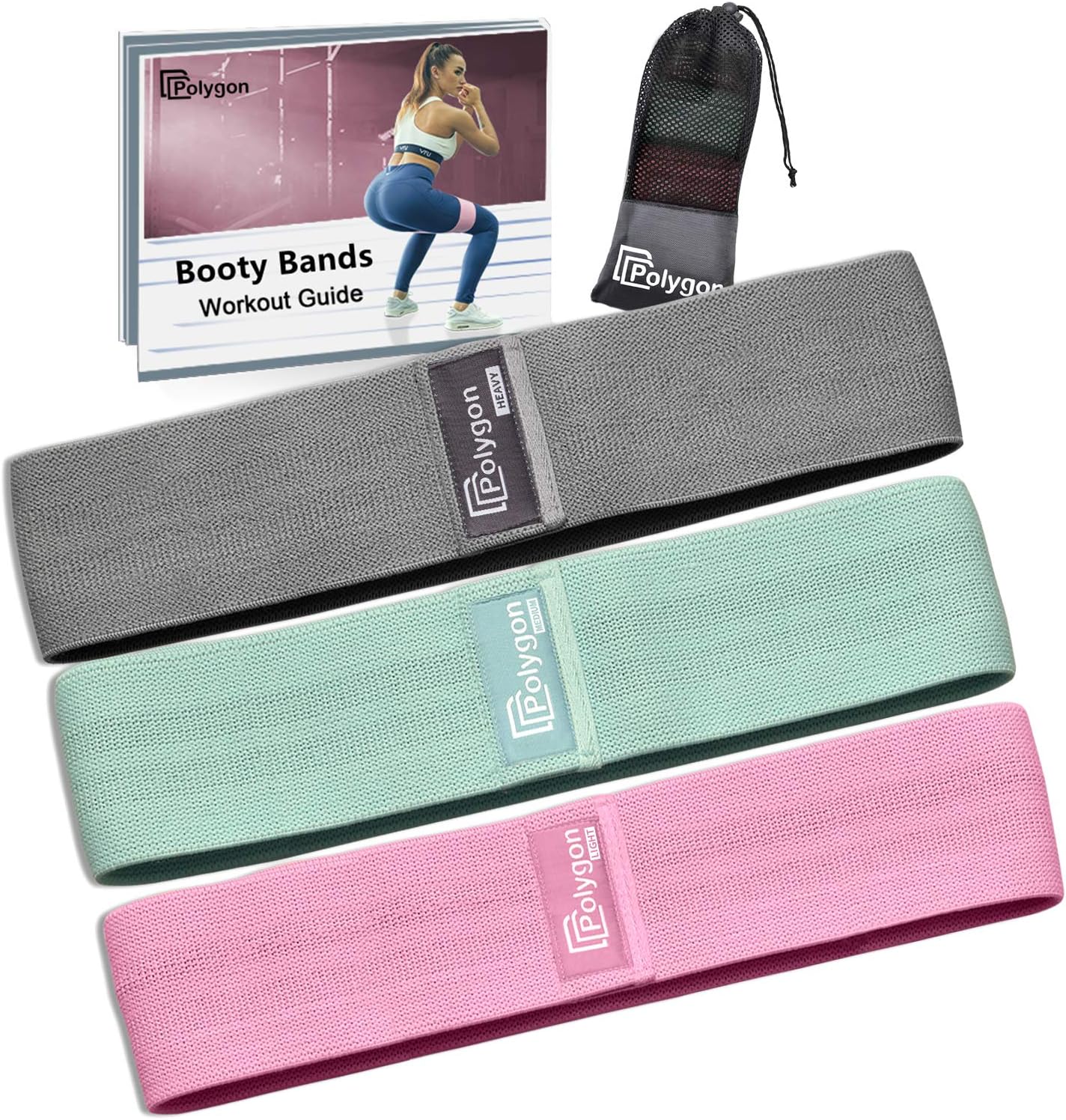 Polygon Resistance Exercise Bands for Legs, Butt & Hips | Fabric Non-Slip Squat Bands, Thick Fitness Loops for Men & Women | Full Workout Guide Included (Set of 3) - PuriLite