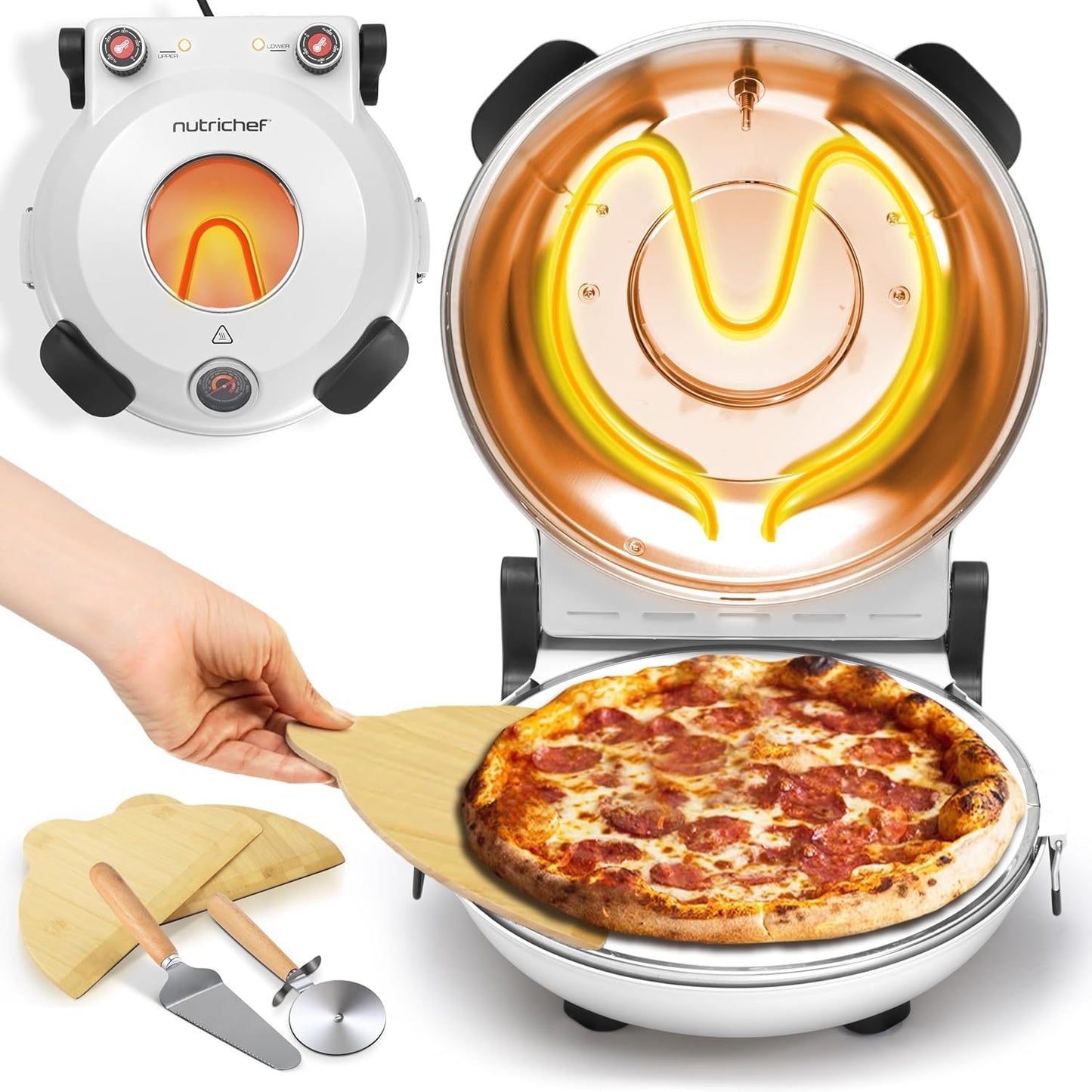 NutriChef Electric Pizza Oven – 1200W Countertop Pizza Maker – 800°F High-Heat Indoor Pizza Oven with Thermometer, Viewing Window & Non-Stick Coating