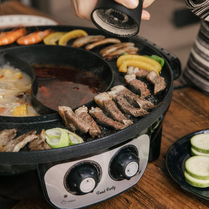 Food Party 2-in-1 Electric Hot Pot & BBQ Grill – Smokeless Indoor Korean BBQ Grill with Dual-Sided Shabu Shabu Hot Pot Divider – 1700W Large Fondue Cooker