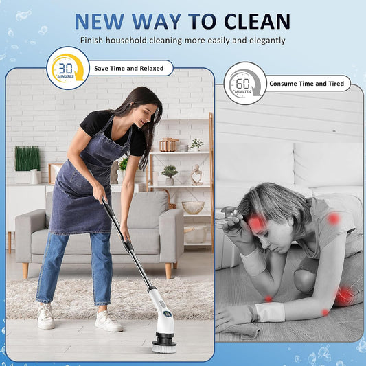 Electric Spin Scrubber, Full-Body IPX7 Waterproof Cordless Power Cleaning Brush with Adjustable Extension Handle, 2-Speed Shower Scrubber with 7 Replaceable Brush Heads for Bathroom, Kitchen Cleaning - PuriLite