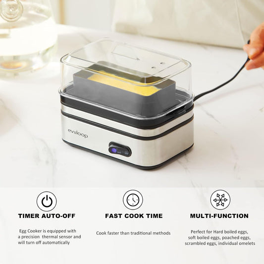 Evoloop Rapid Egg Cooker Electric 6 Eggs Capacity, Soft, Medium, Hard Boiled, Poacher, Omelet Maker Egg Poacher With Auto Shut-Off, BPA Free - PuriLite