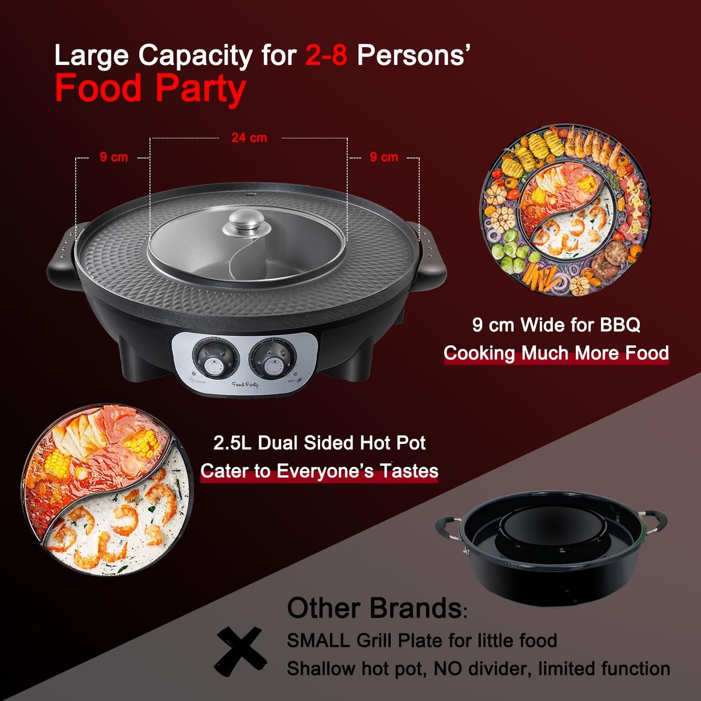 Food Party 2-in-1 Electric Hot Pot & BBQ Grill – Smokeless Indoor Korean BBQ Grill with Dual-Sided Shabu Shabu Hot Pot Divider – 1700W Large Fondue Cooker