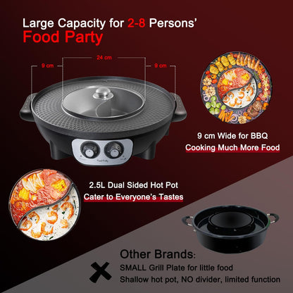 Food Party 2-in-1 Electric Hot Pot & BBQ Grill – Smokeless Indoor Korean BBQ Grill with Dual-Sided Shabu Shabu Hot Pot Divider – 1700W Large Fondue Cooker
