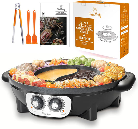 Food Party 2-in-1 Electric Hot Pot & BBQ Grill – Smokeless Indoor Korean BBQ Grill with Dual-Sided Shabu Shabu Hot Pot Divider – 1700W Large Fondue Cooker