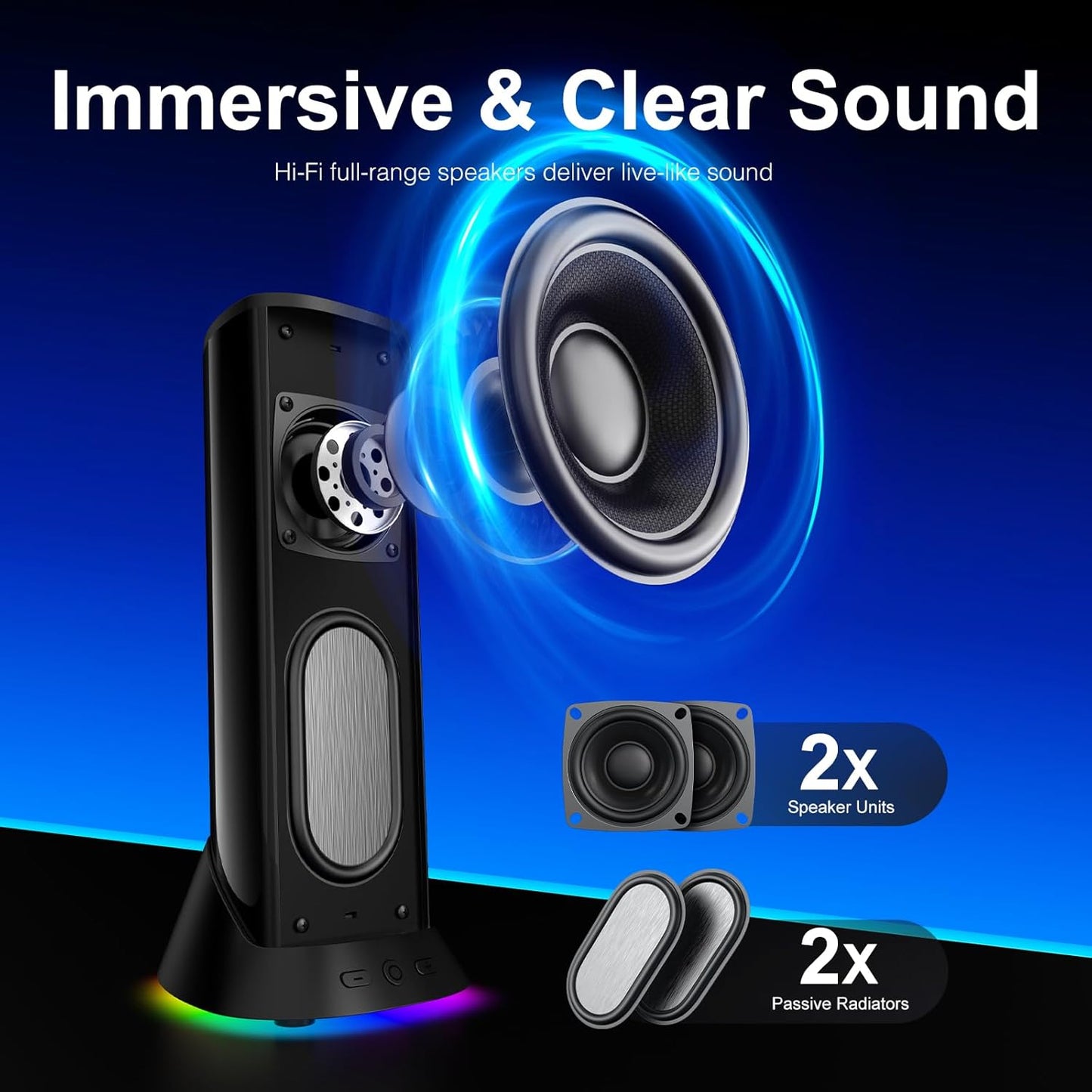 Nylavee Computer Speakers – Hi-Fi Stereo PC Speakers with Bass Boost & 9 LED Lighting Modes, USB/USB-C Powered, 3.5mm Wired Desktop Speakers - PuriLite