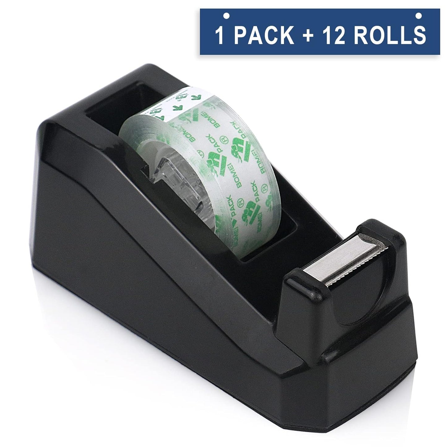 BOMEI PACK Desk Tape Dispenser with 12 Transparent Tape Rolls | 1-Inch Core, Mini Size for Office, School, Home & Gift Wrapping