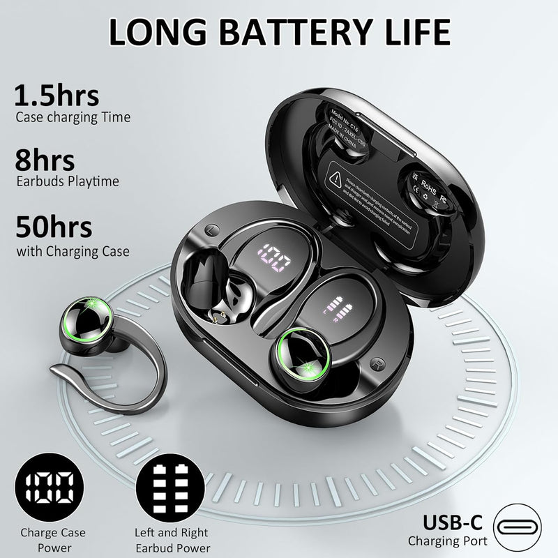 Wireless Earbuds Sports, Bluetooth Headphones 5.3, 50H Playback Over-Ear buds with 4 ENC Noise Cancelling Mic, Deep Bass Earphones with Earhooks, IP7 Waterproof Fitness Headset for Running Workout Gym
