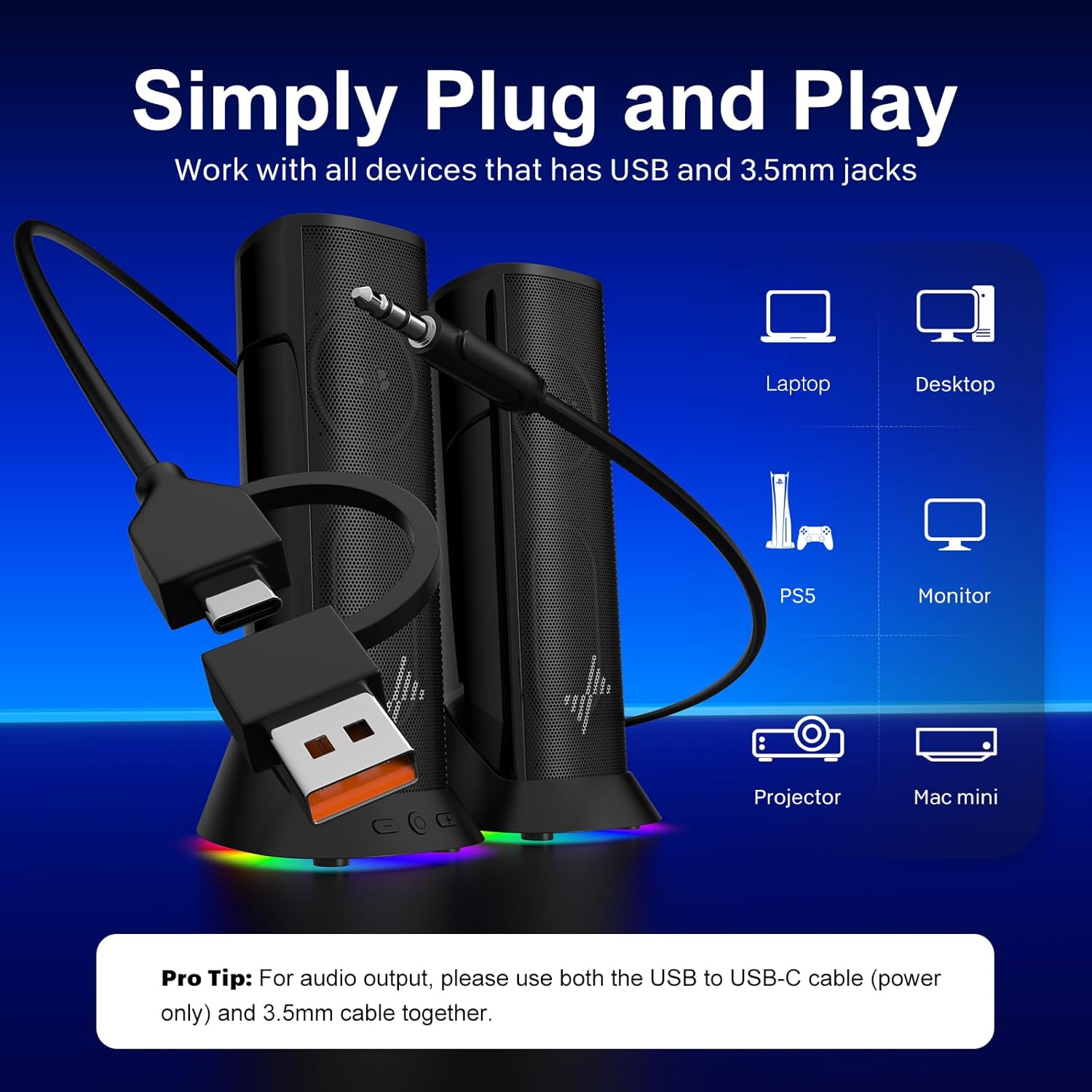 Nylavee Computer Speakers – Hi-Fi Stereo PC Speakers with Bass Boost & 9 LED Lighting Modes, USB/USB-C Powered, 3.5mm Wired Desktop Speakers - PuriLite