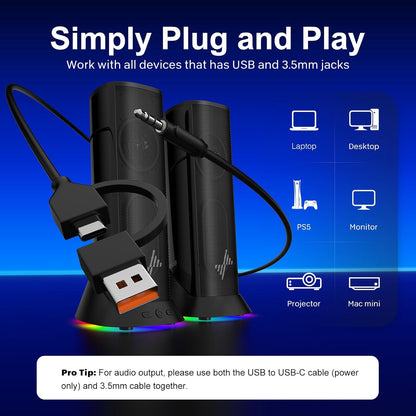 Nylavee Computer Speakers – Hi-Fi Stereo PC Speakers with Bass Boost & 9 LED Lighting Modes, USB/USB-C Powered, 3.5mm Wired Desktop Speakers - PuriLite