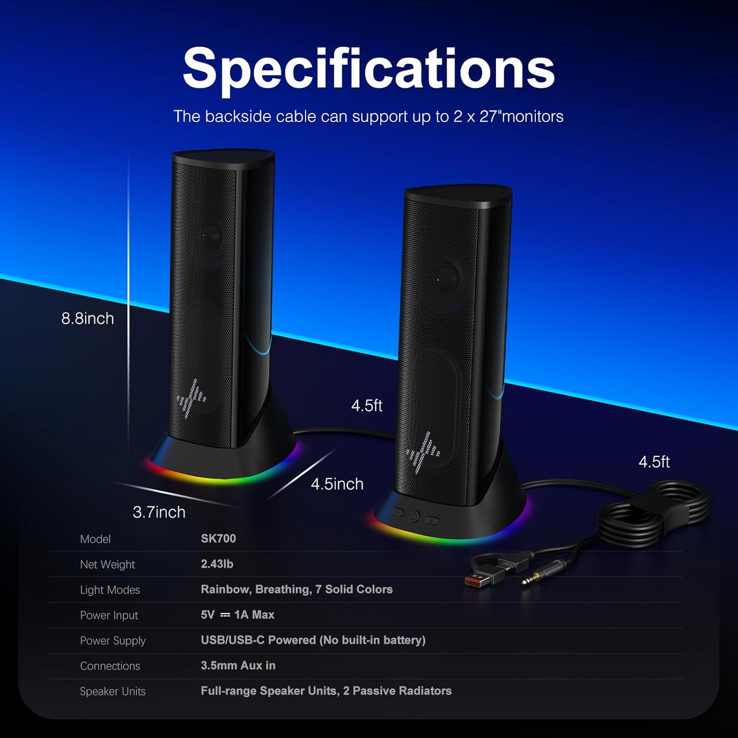 Nylavee Computer Speakers – Hi-Fi Stereo PC Speakers with Bass Boost & 9 LED Lighting Modes, USB/USB-C Powered, 3.5mm Wired Desktop Speakers - PuriLite