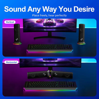 Nylavee Computer Speakers – Hi-Fi Stereo PC Speakers with Bass Boost & 9 LED Lighting Modes, USB/USB-C Powered, 3.5mm Wired Desktop Speakers - PuriLite