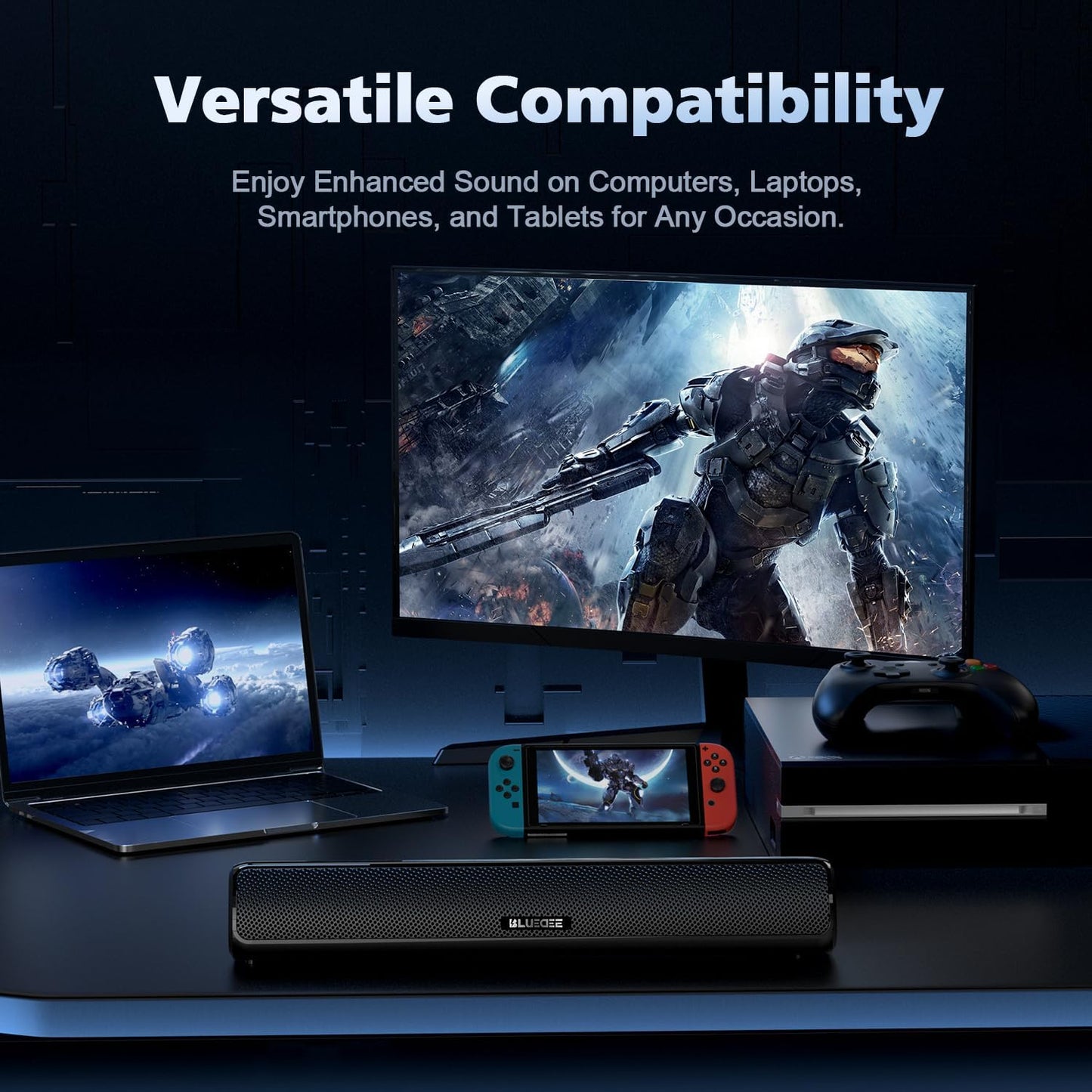 BLUEDEE Computer Speakers for Desktop – 20W HiFi Stereo PC Soundbar with Bluetooth 5.3, AUX-In, Deep Bass, Portable Rechargeable Gaming Speakers - PuriLite