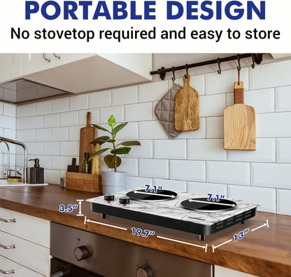 CUSIMAX 1800W Double Burner Hot Plate – Portable Infrared Electric Cooktop, Glass Countertop Stove with Temperature Control, Compatible with All Cookware