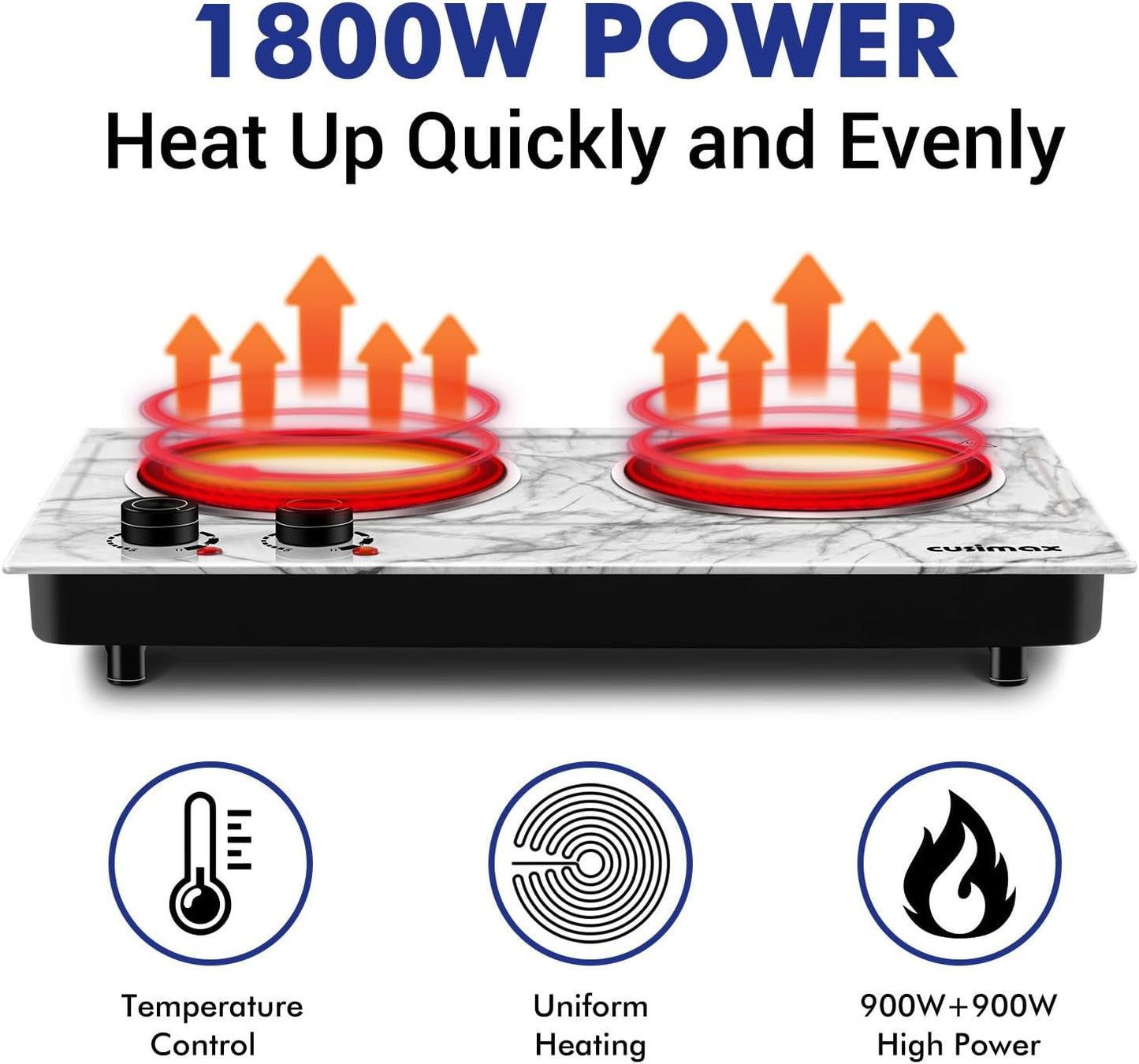 CUSIMAX 1800W Double Burner Hot Plate – Portable Infrared Electric Cooktop, Glass Countertop Stove with Temperature Control, Compatible with All Cookware