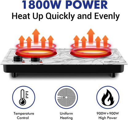 CUSIMAX 1800W Double Burner Hot Plate – Portable Infrared Electric Cooktop, Glass Countertop Stove with Temperature Control, Compatible with All Cookware
