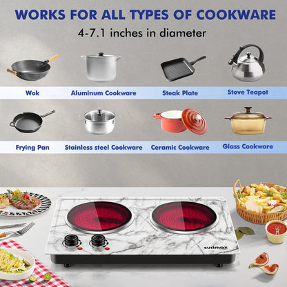 CUSIMAX 1800W Double Burner Hot Plate – Portable Infrared Electric Cooktop, Glass Countertop Stove with Temperature Control, Compatible with All Cookware