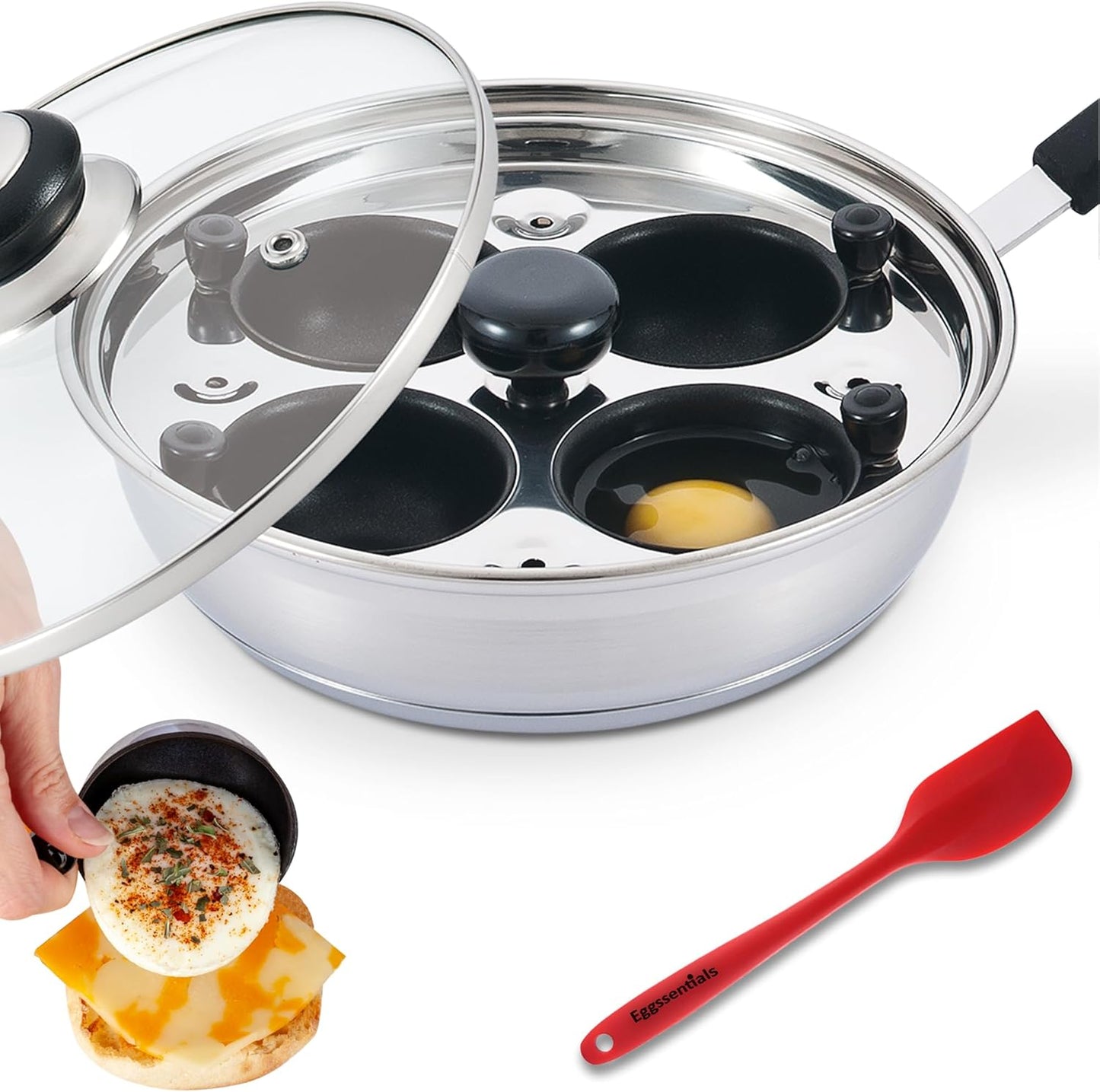 Egg Poacher - Eggssentials Poached Egg Maker, Stainless Steel Egg Poaching Pan, Poached Eggs Cooker Food Grade Safe PFOA Free with Spatula