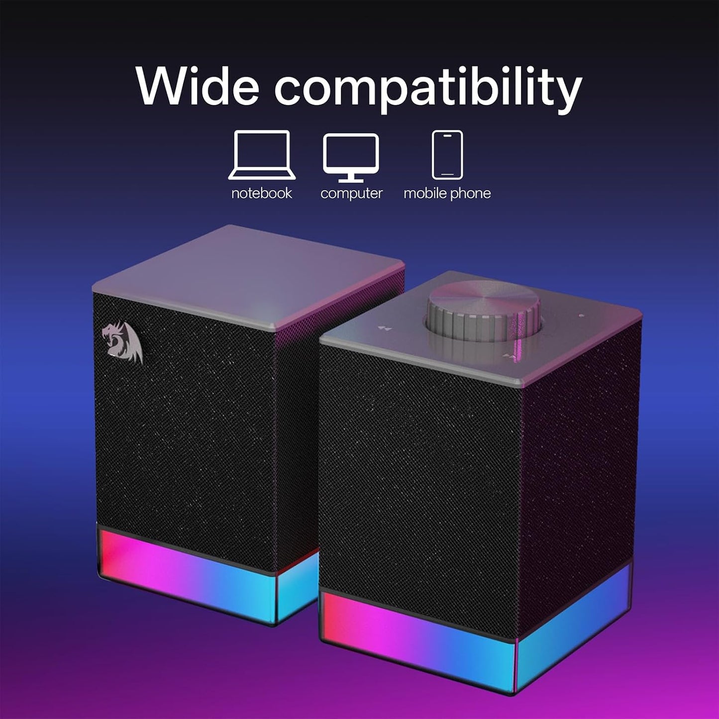 Redragon GS517 RGB Computer Speaker – 2.0 Stereo PC Speakers with Bluetooth 5.3 & USB, Touch Controls, Volume Knob, 8 RGB Lighting Effects - PuriLite