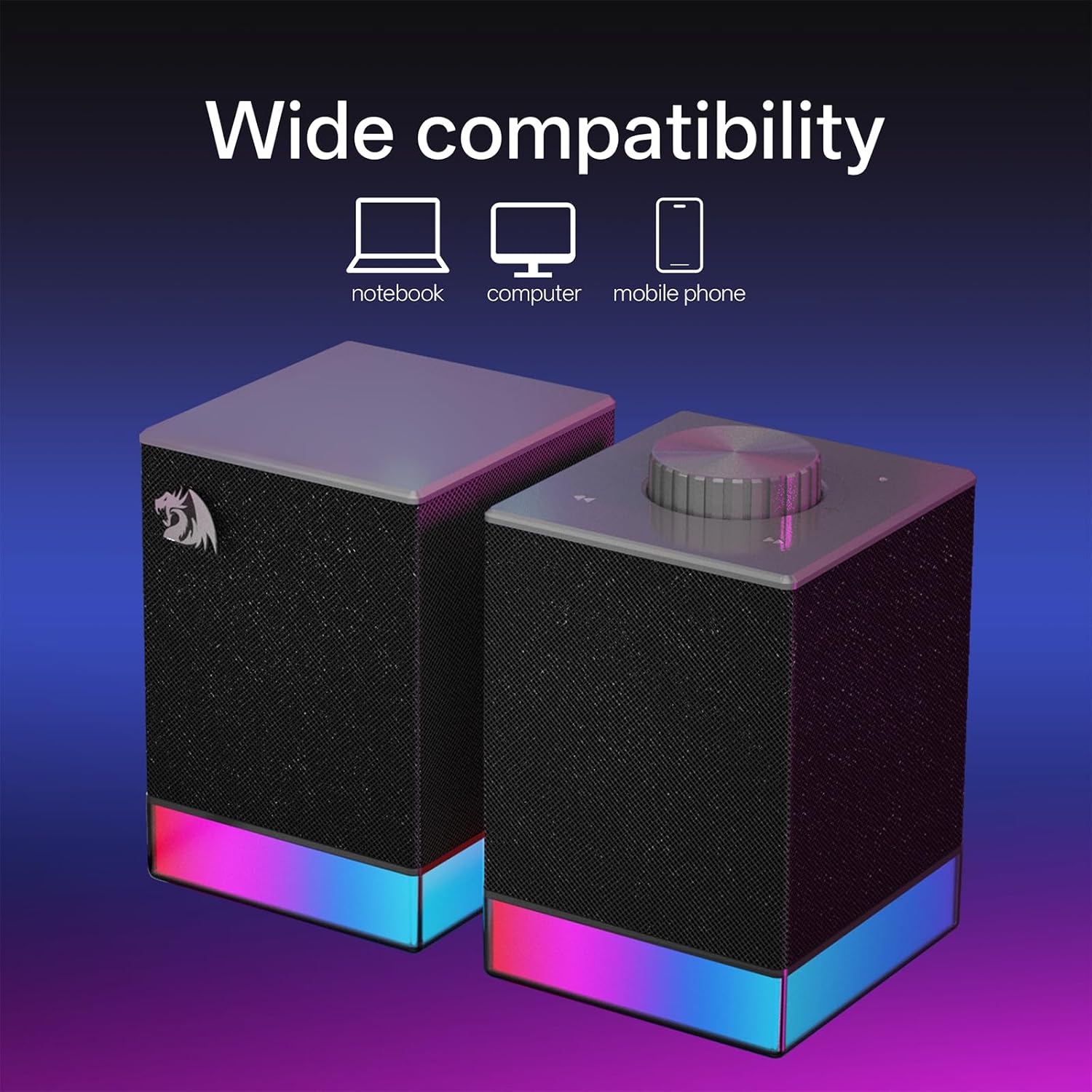 Redragon GS517 RGB Computer Speaker – 2.0 Stereo PC Speakers with Bluetooth 5.3 & USB, Touch Controls, Volume Knob, 8 RGB Lighting Effects - PuriLite