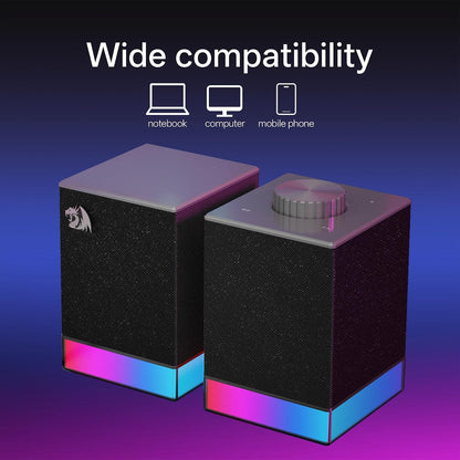 Redragon GS517 RGB Computer Speaker – 2.0 Stereo PC Speakers with Bluetooth 5.3 & USB, Touch Controls, Volume Knob, 8 RGB Lighting Effects - PuriLite