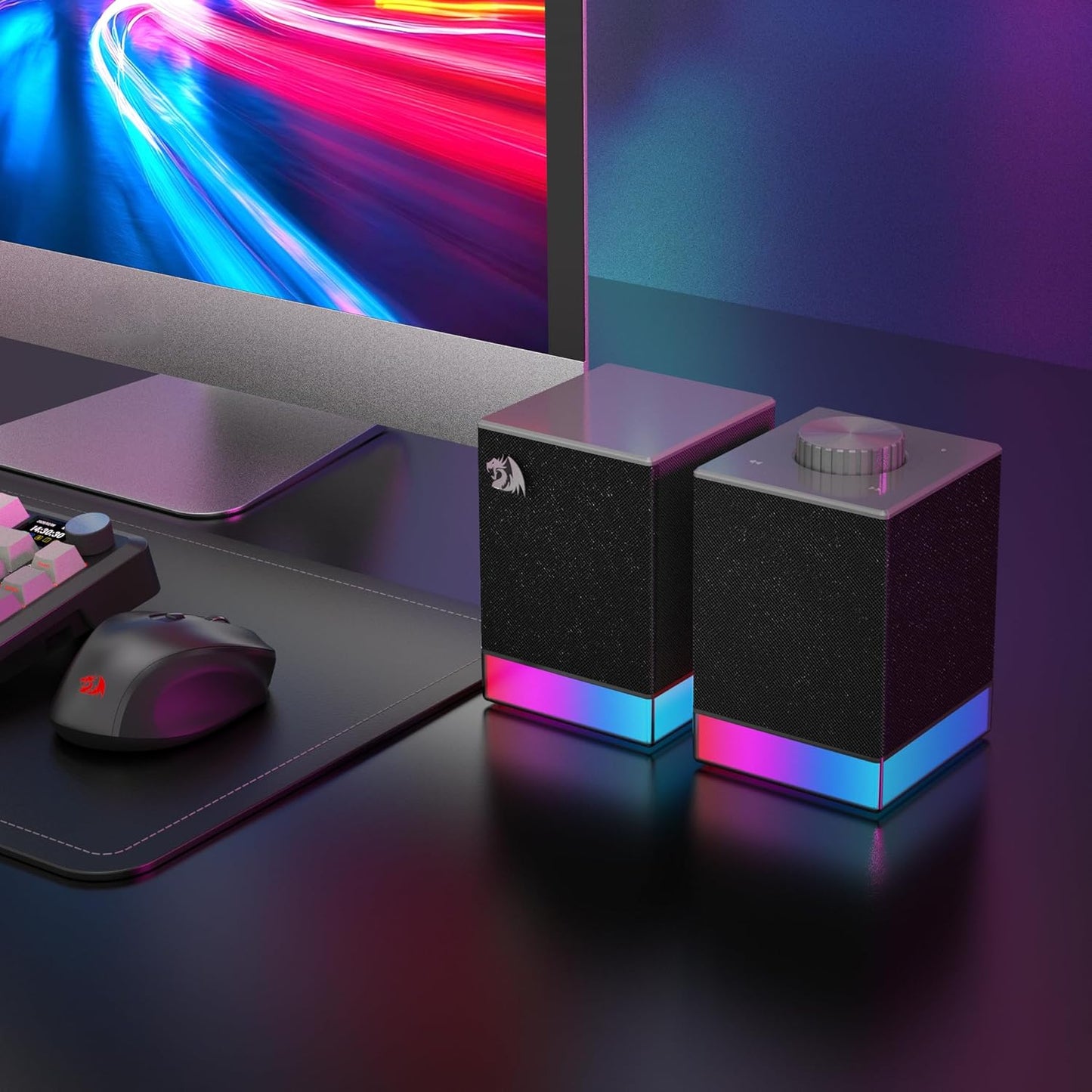 Redragon GS517 RGB Computer Speaker – 2.0 Stereo PC Speakers with Bluetooth 5.3 & USB, Touch Controls, Volume Knob, 8 RGB Lighting Effects - PuriLite