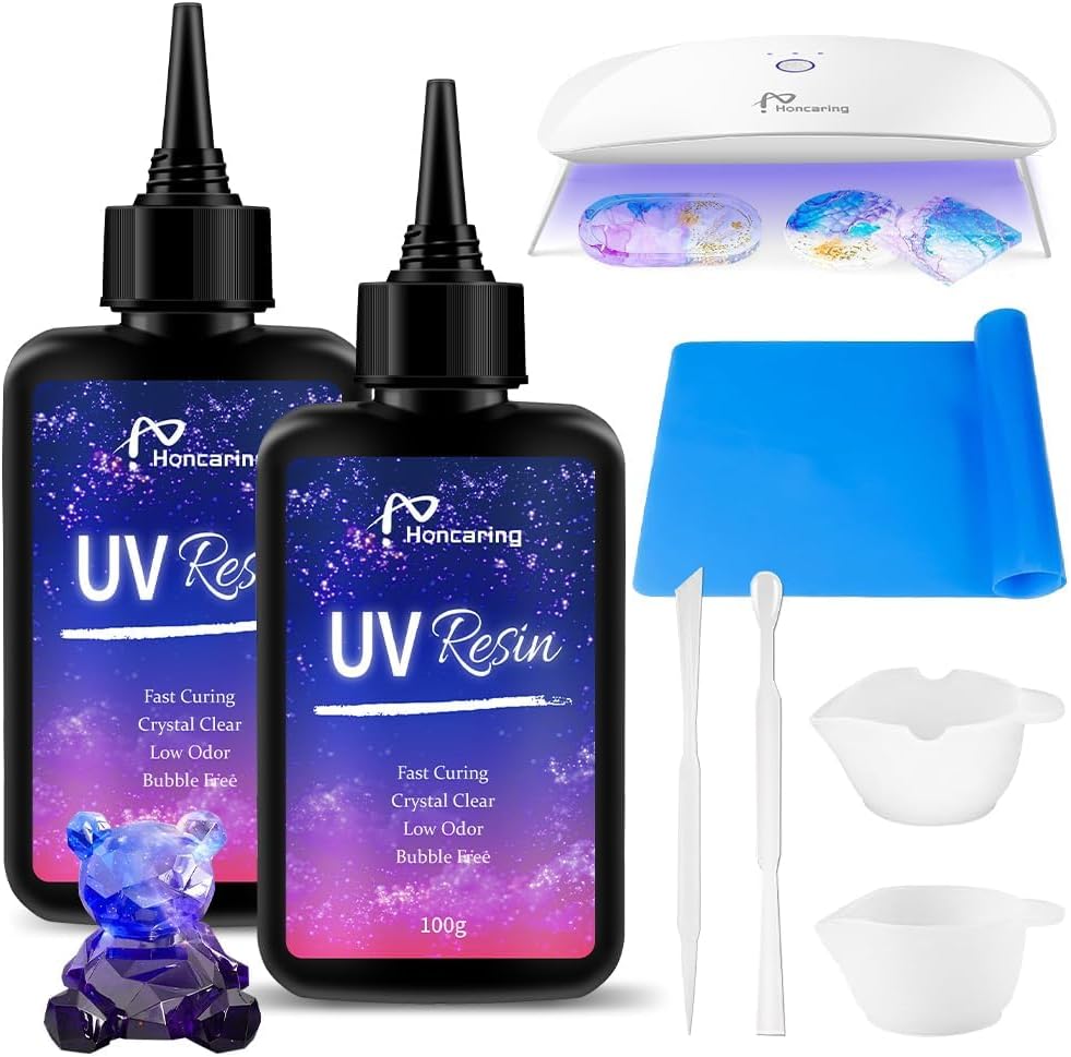 UV Resin Kit 200g with UV Light, Upgraded Formula & Crystal Clear UV Resin for Jewlery Making, 100g*2 Resin UV Kit with Light for Earring, Pendant, DIY