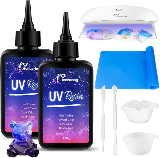 UV Resin Kit 200g with UV Light, Upgraded Formula & Crystal Clear UV Resin for Jewlery Making, 100g*2 Resin UV Kit with Light for Earring, Pendant, DIY