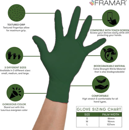 FRAMAR Green Nitrile Gloves Medium - Disposable Gloves Medium, Rubber Gloves Disposable, Cleaning Gloves, Kitchen Gloves, Mechanics Gloves, Cooking Gloves, Gant Latex Gloves Medium, 100