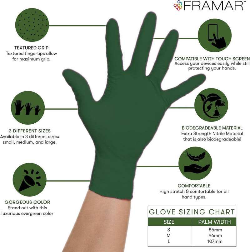 FRAMAR Green Nitrile Gloves Medium - Disposable Gloves Medium, Rubber Gloves Disposable, Cleaning Gloves, Kitchen Gloves, Mechanics Gloves, Cooking Gloves, Gant Latex Gloves Medium, 100