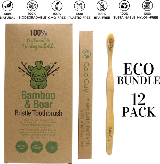 Gaia Guy Natural Bristle Bamboo Toothbrush with Boar Bristles - Totally Biodegradable and Compostable - No Nylon Toothbrushes - Zero Waste 12-Pack - PuriLite