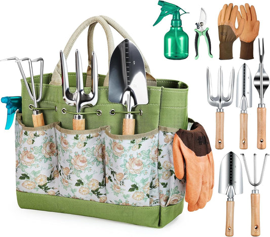 Garden Tools 9-Piece Heavy Duty Gardening Tools with Pruning Shears & Large Garden Tote, Rust-Proof Tools Set for Gardening, Ideal Gardening Gifts for Women & Birthday Gifts for Mom