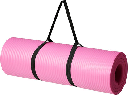 Thick Exercise Yoga Mat with Carrying Strap | 1/2-Inch Extra Thick Non-Slip Fitness Mat | Foam Workout Mat for Yoga, Pilates & Home Exercise | Pink