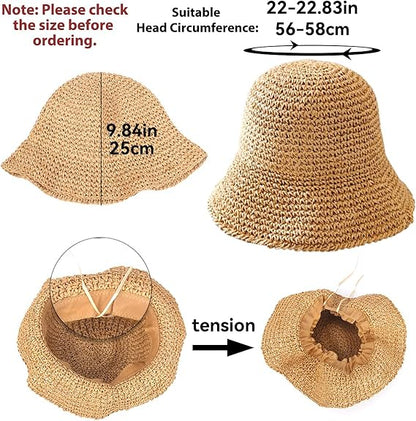 Women's Straw Sun Hat Hand-Woven Packable Beach Bucket Hat Summer Floppy UV Protection Hat