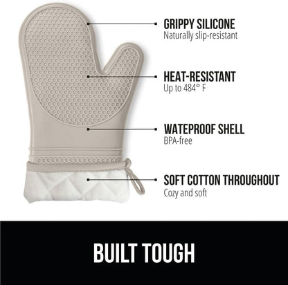 Heat Resistant Silicone Oven Mitts Set, Soft Quilted Lining, Extra Long, Waterproof Flexible Gloves for Cooking and BBQ, Kitchen Mitt Potholders, Easy Clean, Set of 2, Almond
