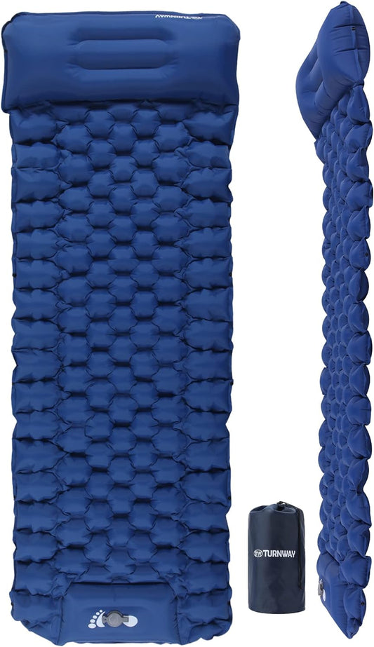 Self Inflating Camping Sleeping Pad Foot Press Inflatable Pad Air Mattress with Pillow for Backpacking, Hiking, Camping, Traveling (Blue)