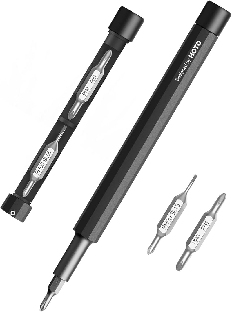 HOTO Precision Screwdriver SE, Pocket Multi-Bit Screwdriver, Mini Hand Screwdriver with 2 Double End Bits & 1 Pen Bit, Ideal for Phone/Glasses/Watches/Laptop, Black