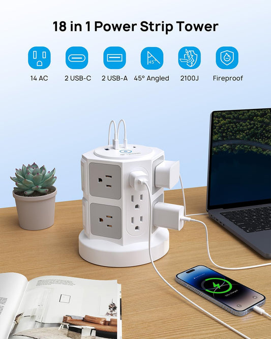 TROND Tower Power Bar Surge Protector with USB C, 14 Widely Spaced Outlets, 6ft Flat Plug Extension Cord Indoor, Vertical Desk Charging Station for Home Office Dorm Room Essentials, White