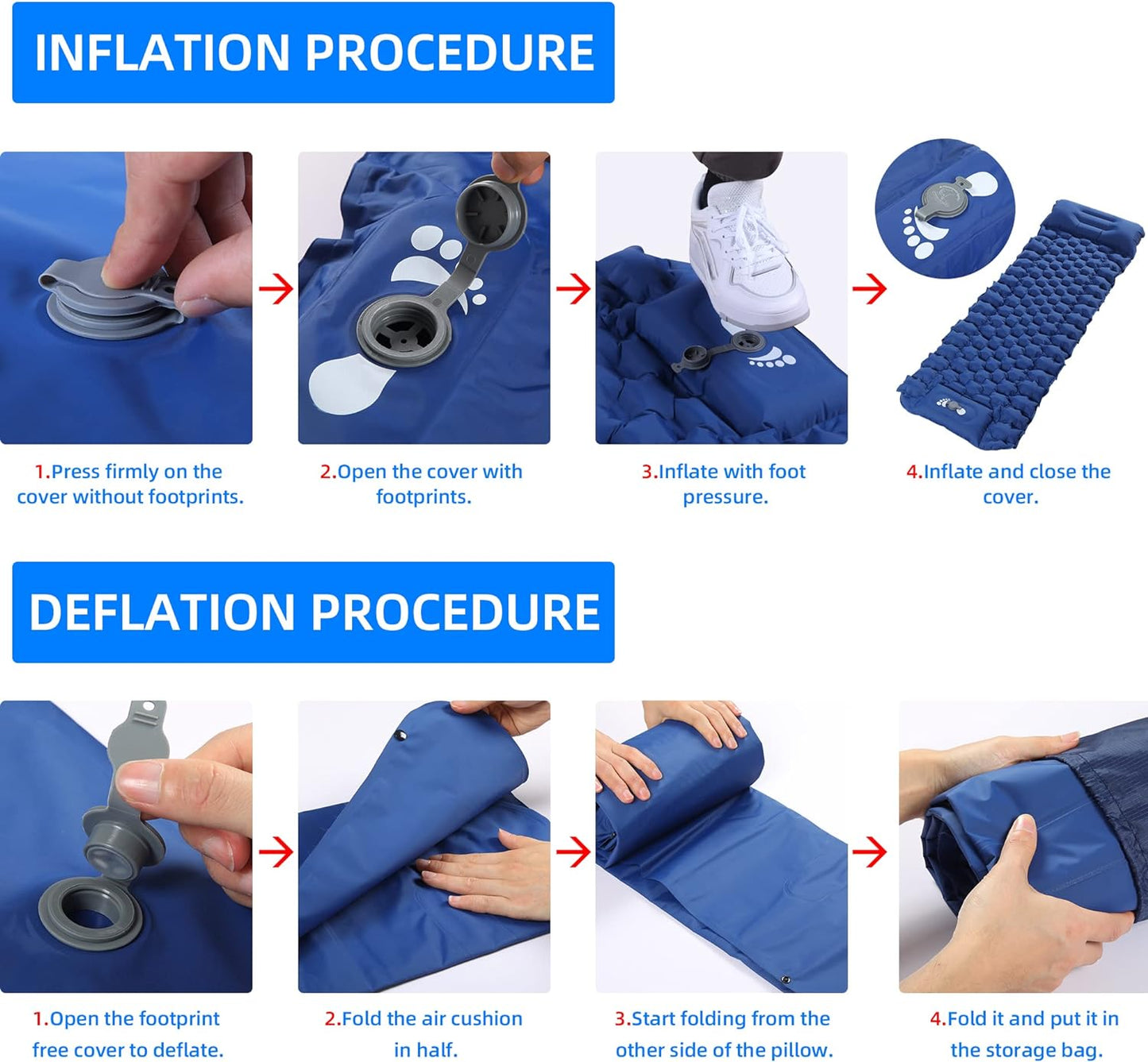 Self Inflating Camping Sleeping Pad Foot Press Inflatable Pad Air Mattress with Pillow for Backpacking, Hiking, Camping, Traveling (Blue)