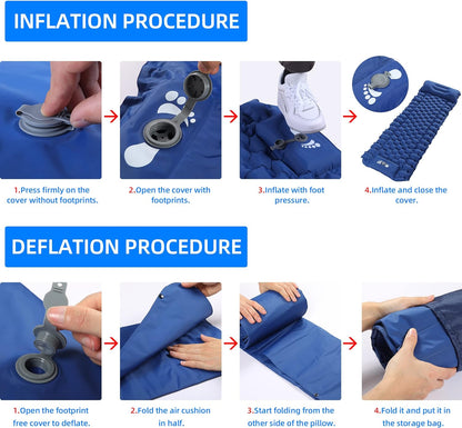 Self Inflating Camping Sleeping Pad Foot Press Inflatable Pad Air Mattress with Pillow for Backpacking, Hiking, Camping, Traveling (Blue)