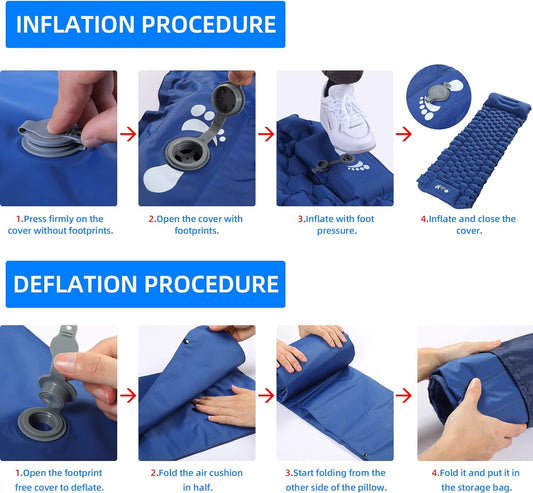 Self Inflating Camping Sleeping Pad Foot Press Inflatable Pad Air Mattress with Pillow for Backpacking, Hiking, Camping, Traveling (Blue) - PuriLite