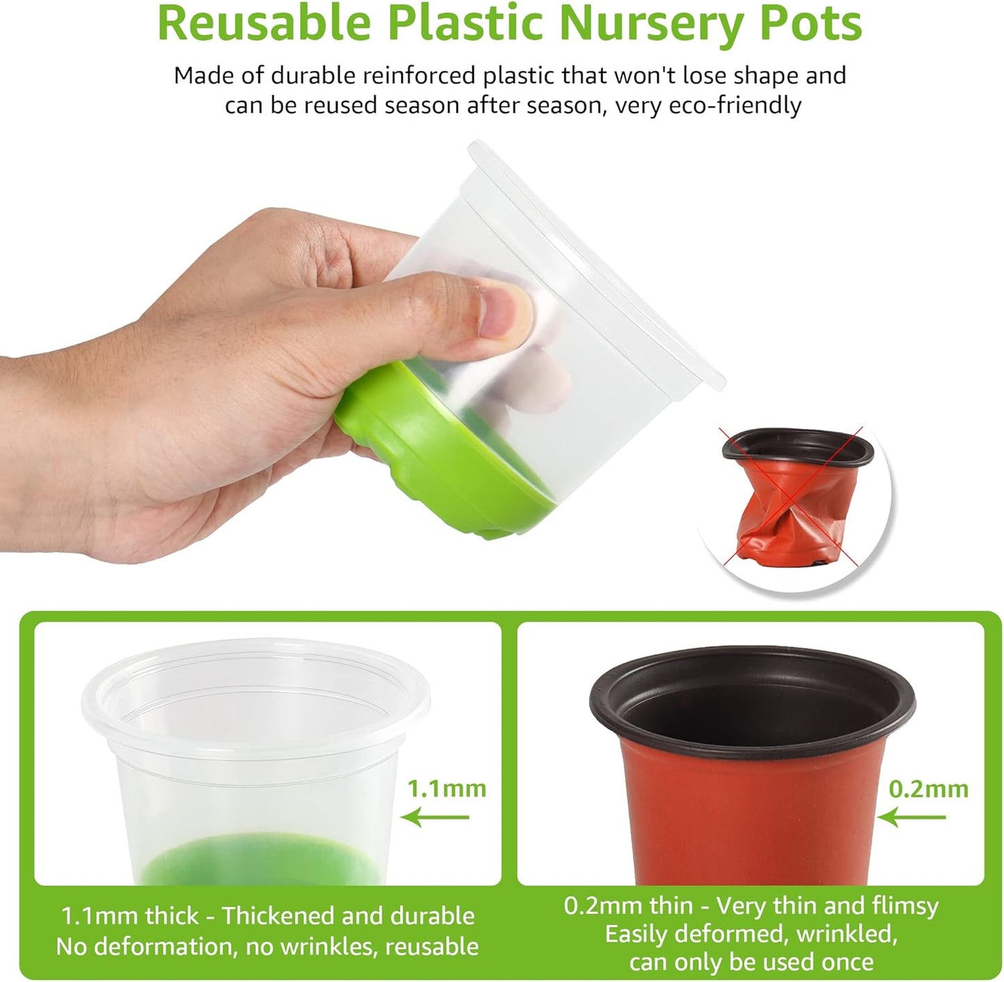 MIXC 30 Packs 4" Reinforced Clear Nursery Pots with Silicone Base for Easy Transplant, Transparent Plastic Plant Pot Reusable Seedling Pots Seed Starter Pots Flower Pot with 10pcs Plant Labels, Green